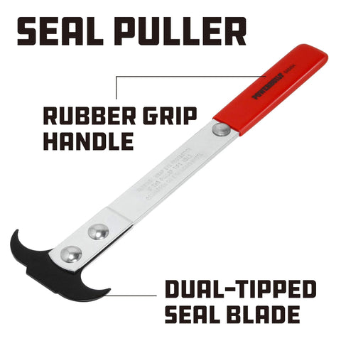 Powerbuilt seal puller with red rubber-grip handle and dual-tipped seal blade for automotive use