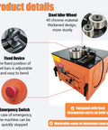 Plug And Play 110V Electric Rebar Bender Machine Handles Steel Bars 6mm To 32mm with steel idler wheel and emergency switch details.