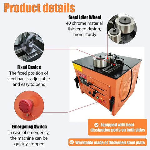 Plug And Play 110V Electric Rebar Bender Machine Handles Steel Bars 6mm To 32mm with steel idler wheel and emergency switch details.