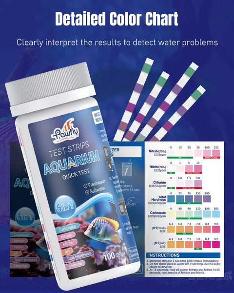 6 In 1 Digital Aquarium Water Test Strips Kit for Fresh and Saltwater Tanks, bottle and color chart displayed.
