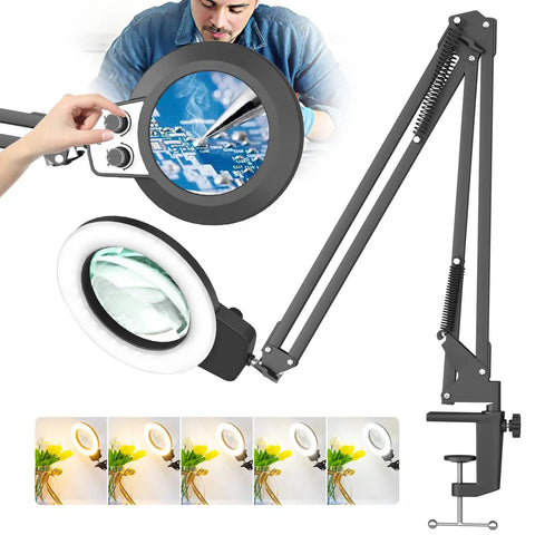 Ultra Long Magnifying Glass With Light And Clamp 35.5 Inch Reach Swing Arm Workbench Light Hands Free LED Magnifier Stand
