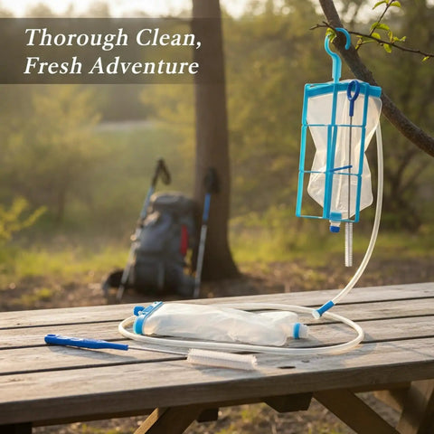 4-Piece Hydration Bladder Cleaning Brush Set for Water Reservoirs and Drinking Tubes on picnic table in nature setting