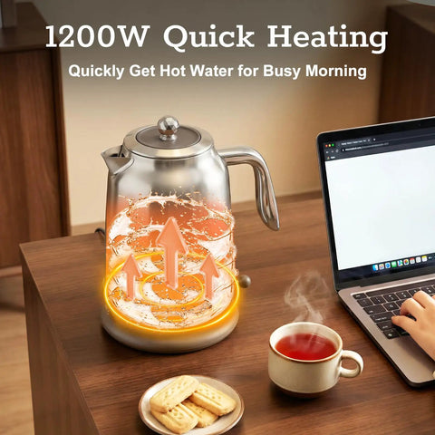 1.7L Large Electric Kettle With Thermometer, 1200W Fast Boil, Auto Shut Off, 304 Stainless Steel Coffee And Tea Kettle