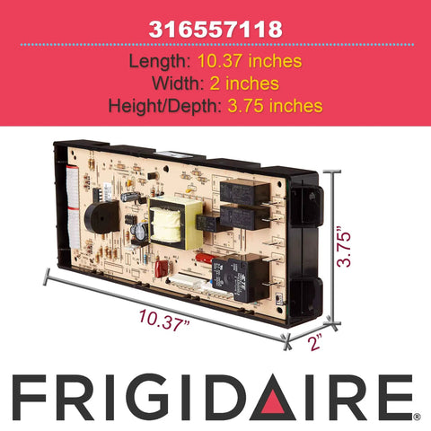Genuine OEM Oven Control Board For Ranges 316557118 Replacement Part shown with dimensions and Frigidaire logo