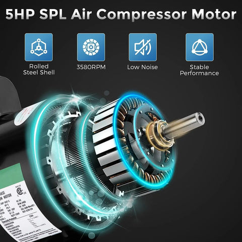 Heavy Duty 5HP Air Compressor Motor 230V Single Phase 56 Frame Electric Motor With FiveEighths Inch Keyed Shaft for pumps and blowers, showcasing rolled steel design.
