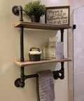 Industrial Pipe Shelves With Towel Bar Rustic Wood Wall Mounted Two Shelf Set Solid Wood Brown Floating Shelves For Bathroom