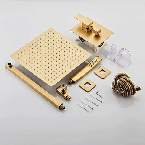 Premium Brushed Gold Shower System With Slick 10 Inch Rainfall Head And Wall Mount Faucet Kit Designed For Bullseye USA Plumbing Fit And Offers A Legit Heavy Duty Vibe