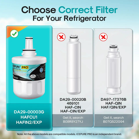 Get Fresh Clean Water Every Time With These Awesome NSF Certified Fridge Water Filter Replacements Designed To Kick Out PFOA PFOS And Tons Of Other Contaminants Perfect Fit For Samsung DA29 00003A Models And Similar Comes As A Value Three Pack, showing correct filter model choice