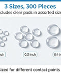 300 Pcs Clear Silicone Cabinet Door Bumpers Self Adhesive Rubber Pads of assorted sizes: 0.23, 0.3, and 0.4 inch for invisible furniture protection.