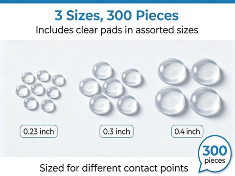 300 Pcs Clear Silicone Cabinet Door Bumpers Self Adhesive Rubber Pads of assorted sizes: 0.23, 0.3, and 0.4 inch for invisible furniture protection.