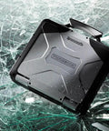 Built Like A Tank Rugged Laptop Toughbook CF 31 MK5 on shattered glass surface, showcasing durability and rugged design.