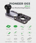 10 In 1 Trim Router Jig For Circle Cutting And Edge Guide Mortise And Rabbet Trimming Multi Function Router Base With Stable Freehand Control And Customization Through M6 And M4 Threads, shown with components and function icons.