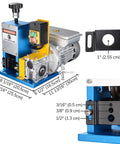 No Sweat Motorized Wire Stripper Machine 180W Automatic Cable Cutter dimensions and design; compact bench mount aluminum tool for wire stripping.