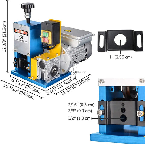 No Sweat Motorized Wire Stripper Machine 180W Automatic Cable Cutter dimensions and design; compact bench mount aluminum tool for wire stripping.