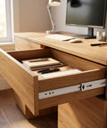 Tough As A Bull Heavy Duty 6 Pair 16 Inch Bottom Mount Drawer Slides Featuring Hella Smooth Self Closing Action Rust Resistant White Powder Coated Steel Tracks For Kitchen Or Bath Setup, open drawer in a desk showing office supplies.