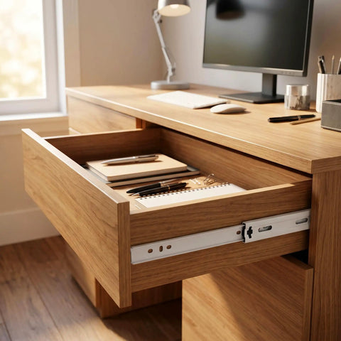 Tough As A Bull Heavy Duty 6 Pair 16 Inch Bottom Mount Drawer Slides Featuring Hella Smooth Self Closing Action Rust Resistant White Powder Coated Steel Tracks For Kitchen Or Bath Setup, open drawer in a desk showing office supplies.