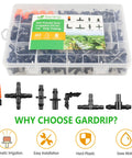 250 Piece Quarter Inch Drip Irrigation Fittings Kit With Barbed Connectors Nozzles Tees Elbows Crosses And Plugs in transparent box