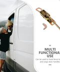 Beefy Heavy Duty Truck Trailer Gate Latch With Spring Toggle Clamp next to couple by white van, showcasing functionality.