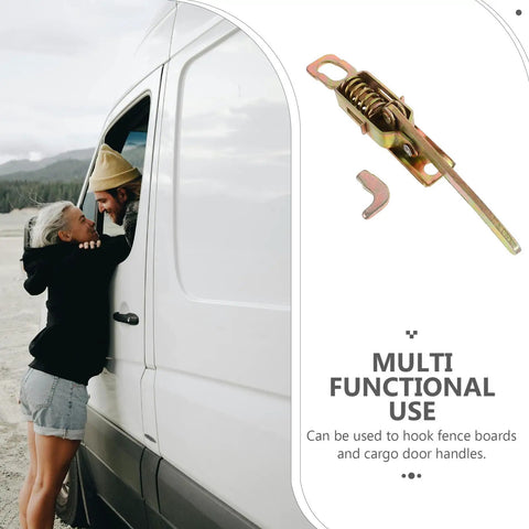 Beefy Heavy Duty Truck Trailer Gate Latch With Spring Toggle Clamp next to couple by white van, showcasing functionality.