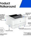 LaserJet Pro 4001N Black And White Printer For Small Teams With Fast Printing Speeds Easy Setup Mobile Printing Advanced Security USB And Ethernet Connectivity Ideal Office Workhorse, front view with labeled features