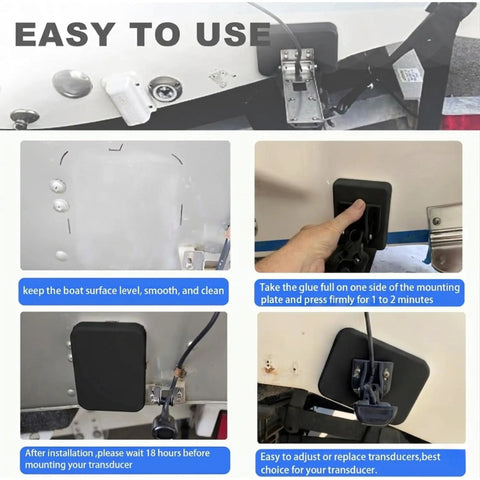 Screwless Transducer Mounting Plate Kit For Boats No Drill Hull Install Easy Clamp On 4.5 Inch By 3.5 Inch Standard Size Black mounted on boat hull