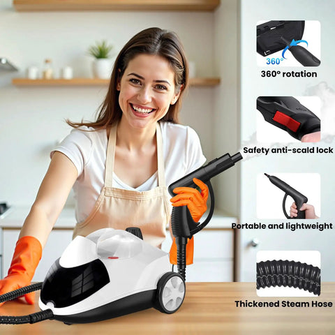 Heavy Duty Steam Cleaner Fast Heat Up One Point Five Liter Tank Multi Surface Tool Kit with safety lock and steam hose.