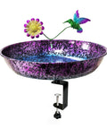 Premium Heavy Duty Deck Mounted Bird Bath With Secure Detachable Clamp For Railings Balconies No Sweat Installation features a vibrant purple bowl.
