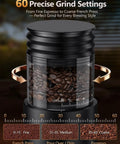No Fuss Portable Rechargeable Conical Burr Coffee Grinder With 60 Precision Settings And Usb C quick charge showing grind settings for espresso and french press.