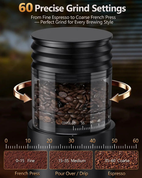 No Fuss Portable Rechargeable Conical Burr Coffee Grinder With 60 Precision Settings And Usb C quick charge showing grind settings for espresso and french press.