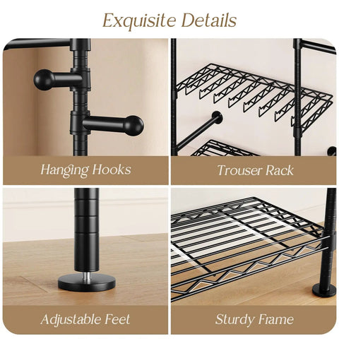 Detailed view of the Ultimate Wall Mounted Closet Organizer Game Changer with hooks, shelves, and sturdy feet.