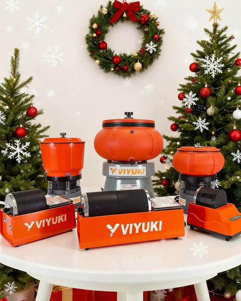 9Lbs Vibratory Tumbler Polishing Machine For Rocks And Metal Parts With 3Lb Walnut Shell Media set on a white table, holiday decor backdrop