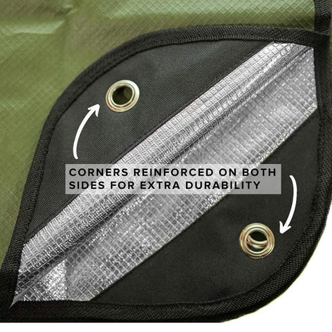 Close-up of Insulated Tarp Survival Blanket For Camping And Emergency Prep Reusable Heavy Duty Thermal Shield 60x82 Inches, corner reinforced.
