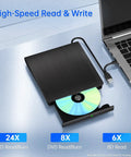 Ultra Portable External Blu Ray Drive With USB 3.0 And Type C For Mac And Windows, No Fuss Plug And Play, Fast 6X Blu Ray, 8X DVD, 24X CD Read Write, Up To 5Gbps USB Speed, Lightweight 0.9 Pound, Ready To Roll. black external Blu-ray drive with USB cable connected to laptop, disc tray open