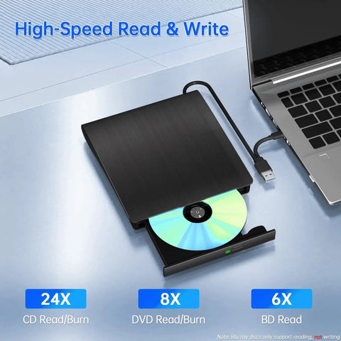 Ultra Portable External Blu Ray Drive With USB 3.0 And Type C For Mac And Windows, No Fuss Plug And Play, Fast 6X Blu Ray, 8X DVD, 24X CD Read Write, Up To 5Gbps USB Speed, Lightweight 0.9 Pound, Ready To Roll. black external Blu-ray drive with USB cable connected to laptop, disc tray open