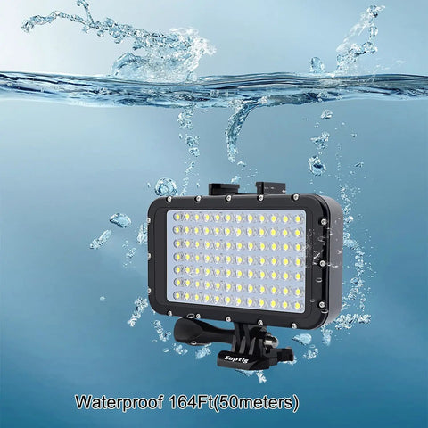 Underwater Video Light With 84 LED Power, Dimmable Waterproof Dive Light for GoPro shown in water splash with 164ft depth rating
