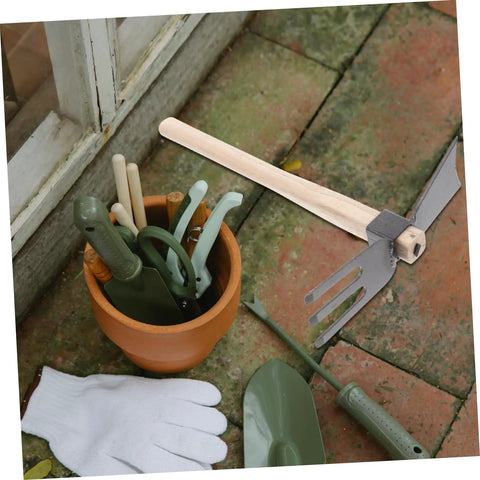 Dual Head Cultivator Garden Hoe for Lightweight Outdoor Yard Work next to garden tools in pot on brick patio