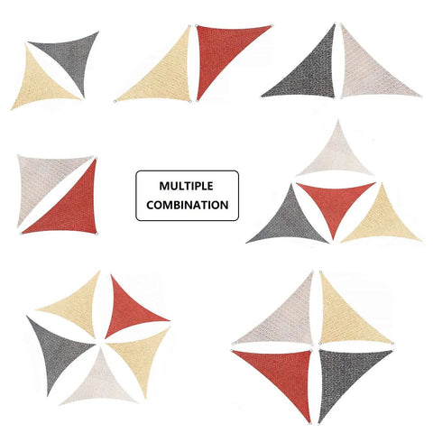 Multiple triangle sun shade sail combinations showing various color options and arrangements for different outdoor setups.