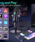 USB Condenser Microphone for PC Mac Phones PS4 PS5 Plug and Play Studio Mic shown on desk with adapters and smartphones.