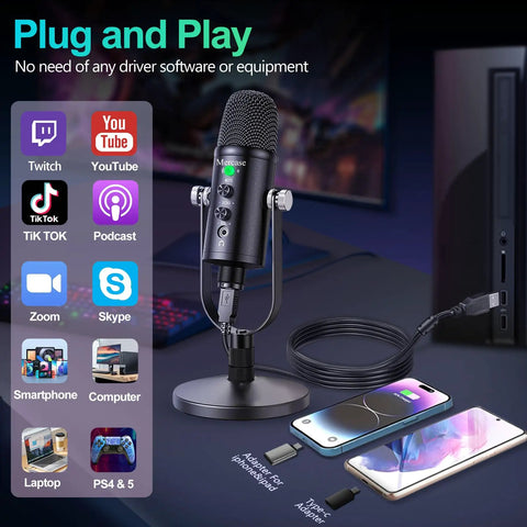 USB Condenser Microphone for PC Mac Phones PS4 PS5 Plug and Play Studio Mic shown on desk with adapters and smartphones.