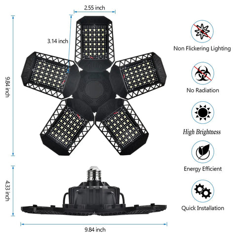 Deformable Five Panel LED Garage Light 120 W 12000 Lumens Bright As Day Shop Ceiling Light For Workshop Basement With E26 E27 Sockets Energy Saving No Flicker 2 Pack