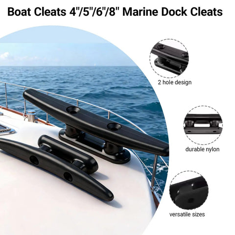 Nylon Boat Cleat 4 Pack 4 Inch Black Marine Cleats With Stainless Steel Screws mounted on boat dock