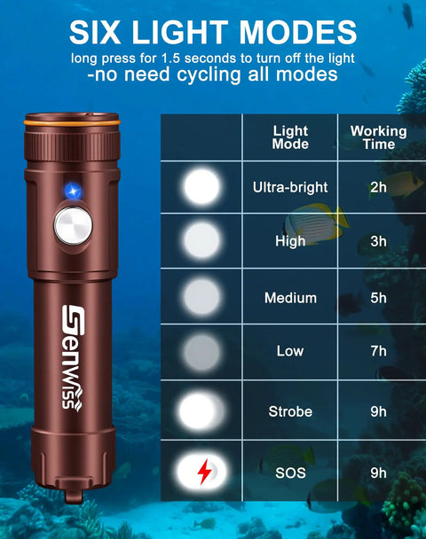 Beefy 2000 Lumen Underwater Flashlight with six light modes for scuba diving and snorkeling in ocean scene