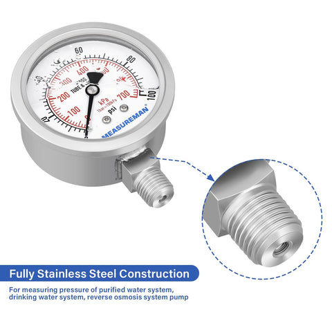 Measureman stainless steel pressure gauge, 2.5-inch dial, 0-100 psi, 1/4 NPT lower mount, glycerin-filled.