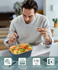 Man using Electric Lunch Box Food Heater On The Go Car And Truck Warmer, 80W, 12V 24V 110V, green, with pasta meal