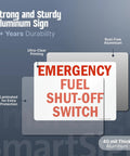 Heavy Duty Rock Solid Emergency Fuel Shut Off Switch Sign Crafted From Hella Tough Laminated Aluminum, 40 mil thick, rust-free material.