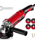 Avid Power 4-1/2-inch red angle grinder with side handle; includes four grinding discs and a wrench.