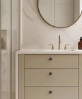 Modern bathroom with beige vanity featuring Five Pack Matte Black Cabinet Knobs And Drawer Pulls 1-1/4 Inch Round Hardware For Kitchen Cabinets Dresser Drawers And Closet Doors Easy Install Durable Slick Modern Handles For Furniture.