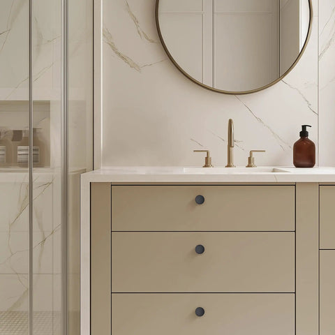 Modern bathroom with beige vanity featuring Five Pack Matte Black Cabinet Knobs And Drawer Pulls 1-1/4 Inch Round Hardware For Kitchen Cabinets Dresser Drawers And Closet Doors Easy Install Durable Slick Modern Handles For Furniture.