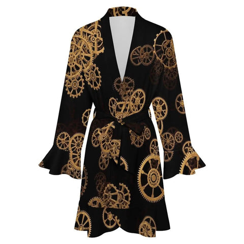 Cozy Women Long Sleeve Retro Industrial Gear Kimono Robe With Super Soft Polyester And Spandex Blend For Ultimate Loungewear Relaxation After Bath Or Sleep, featuring gear patterns.