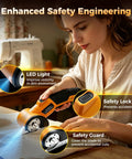 Close-up of Super Snazzy Cordless Electric Box Cutter with LED light, safety lock, and safety guard for DIY projects.
